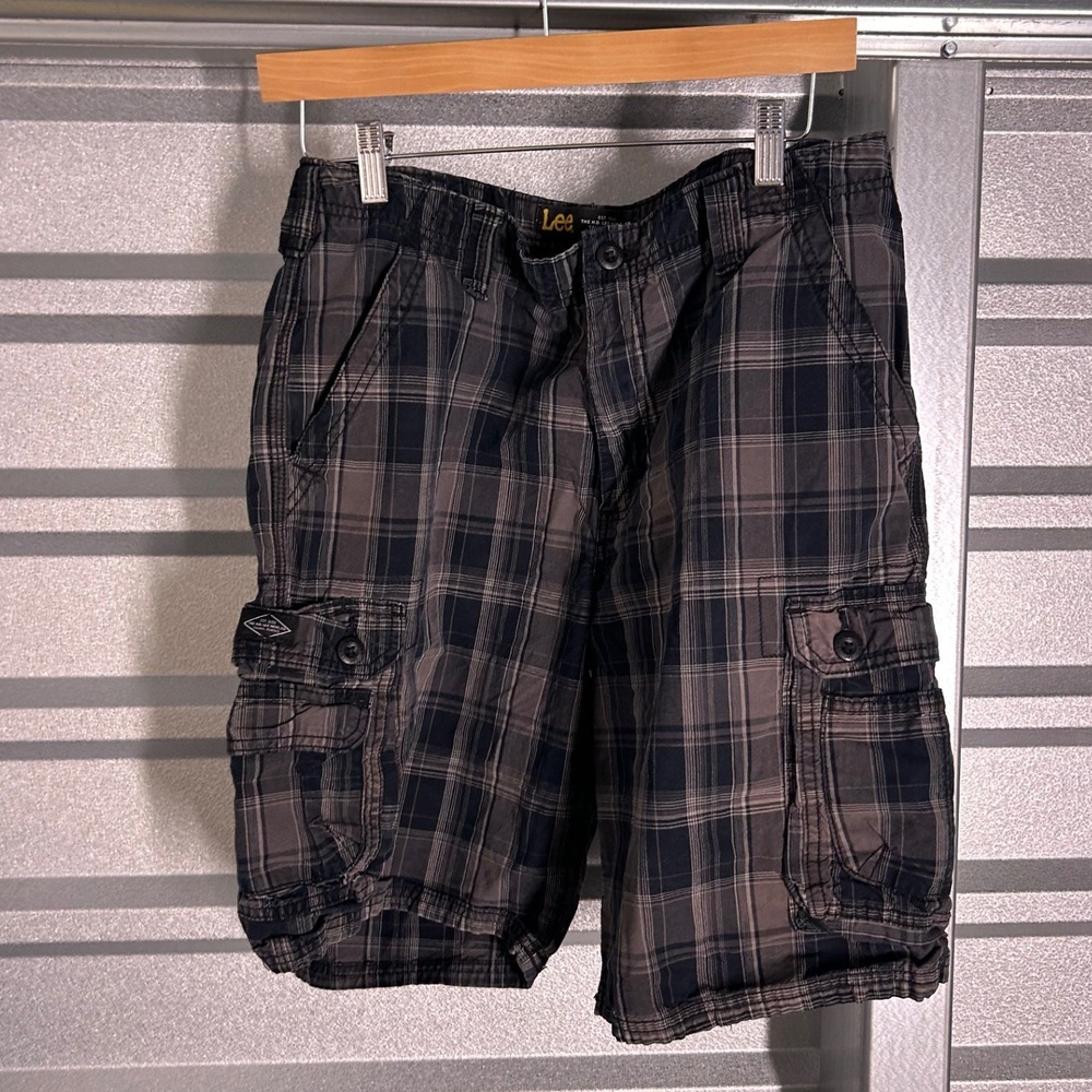 Lee Cargo Shorts Mens 34 Grey Plaid Cotton Utility Casual Outdoor Pockets